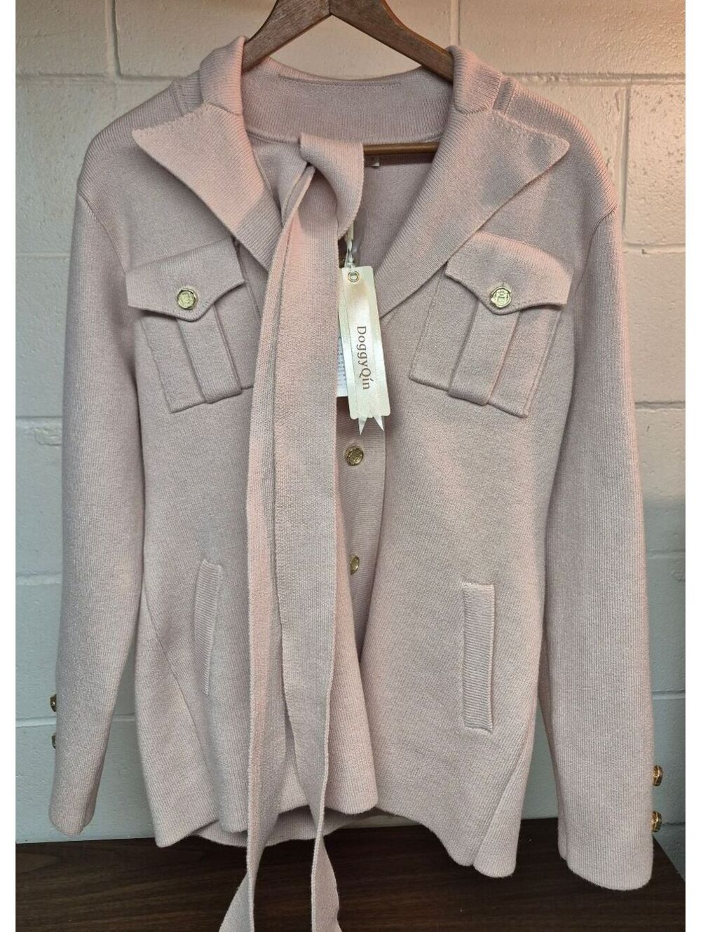 DoggyYin Women's Light Pink Knit Cardigan with belt and Gold Buttons
